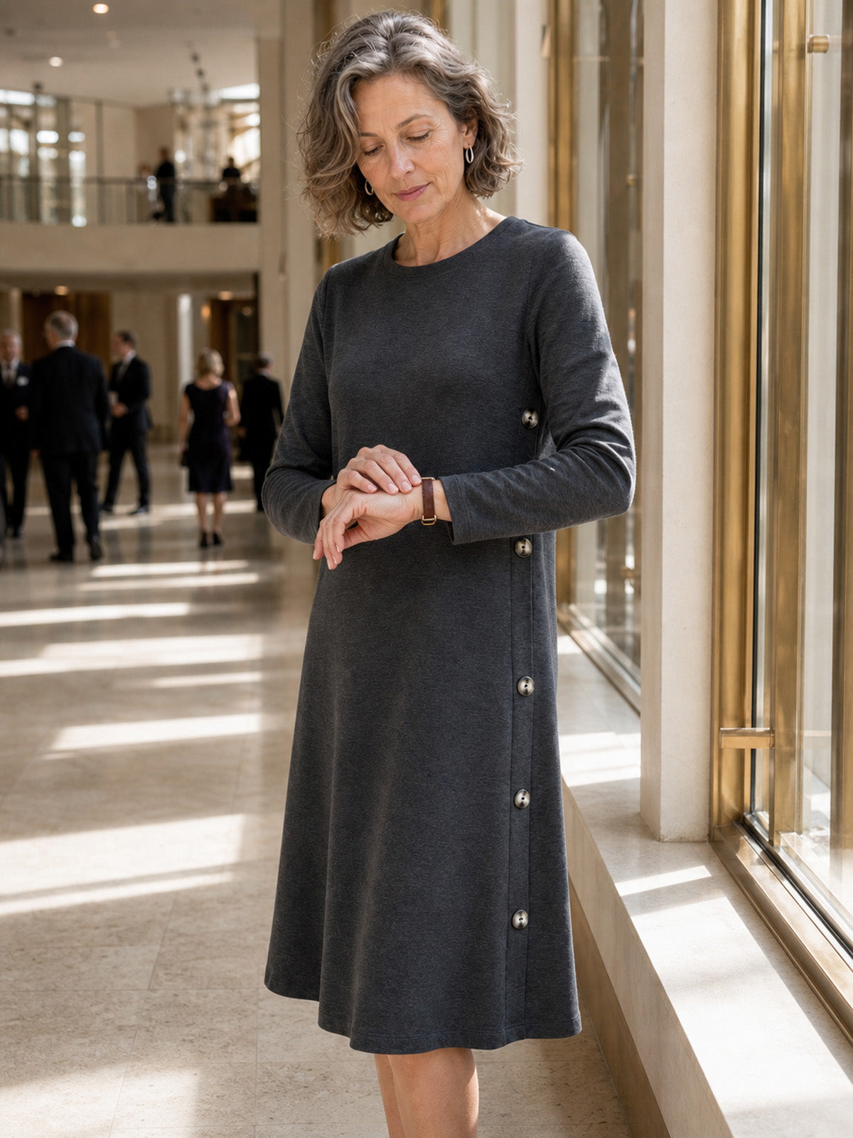 Lyocell Wool Side Button A Line Knit Midi Dress MIRENA