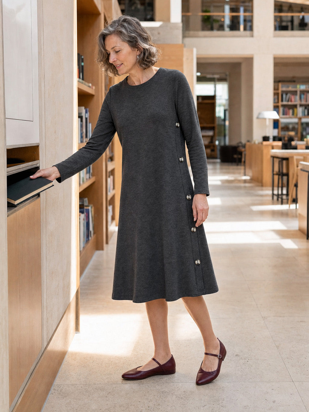 Lyocell Wool Side Button A Line Knit Midi Dress MIRENA