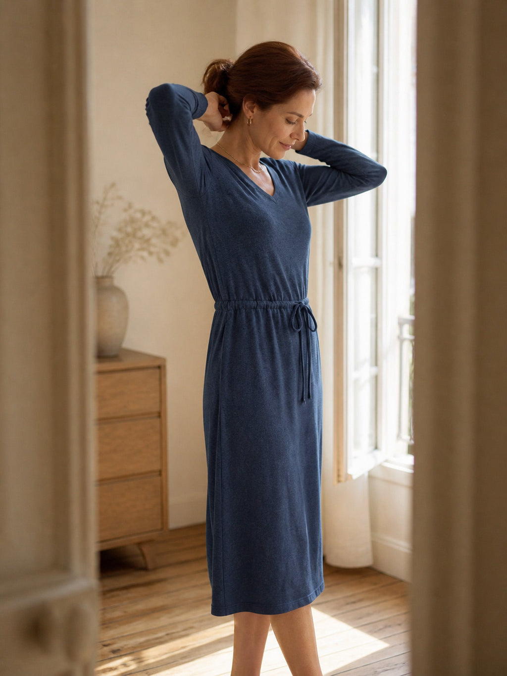 Wool V Neck Drawstring Waist Knit Midi Dress NOEMIE