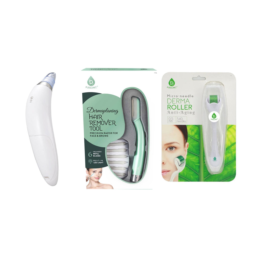 Glow & Clarity Trio: Derma Roller, Precision Dermaplaning Tool, & Pore Vacuum