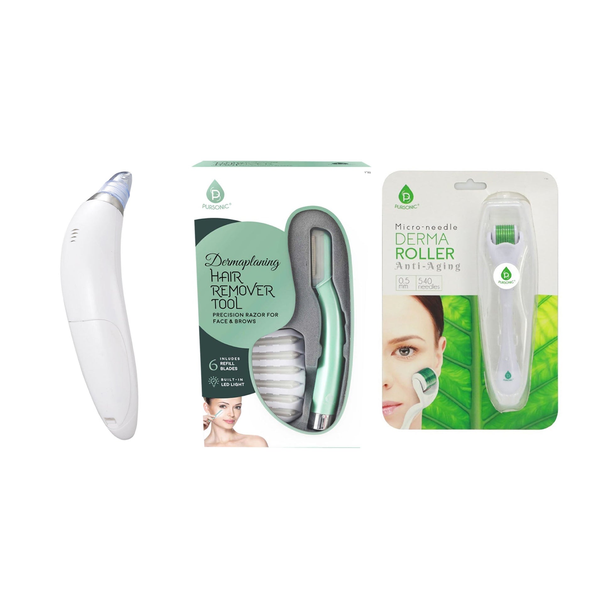 Glow & Clarity Trio: Derma Roller, Precision Dermaplaning Tool, & Pore Vacuum