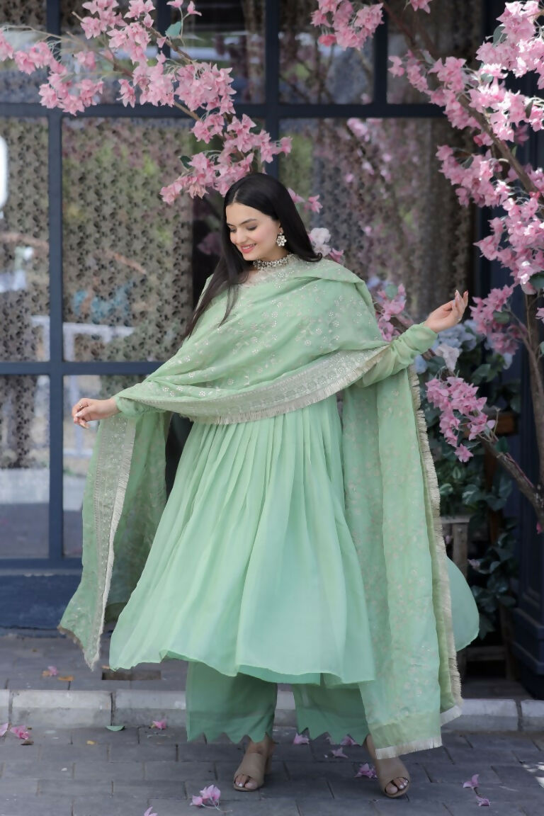 Women's Pista Tabby Silk A-Line Kurta Set with Trouser & Dupatta