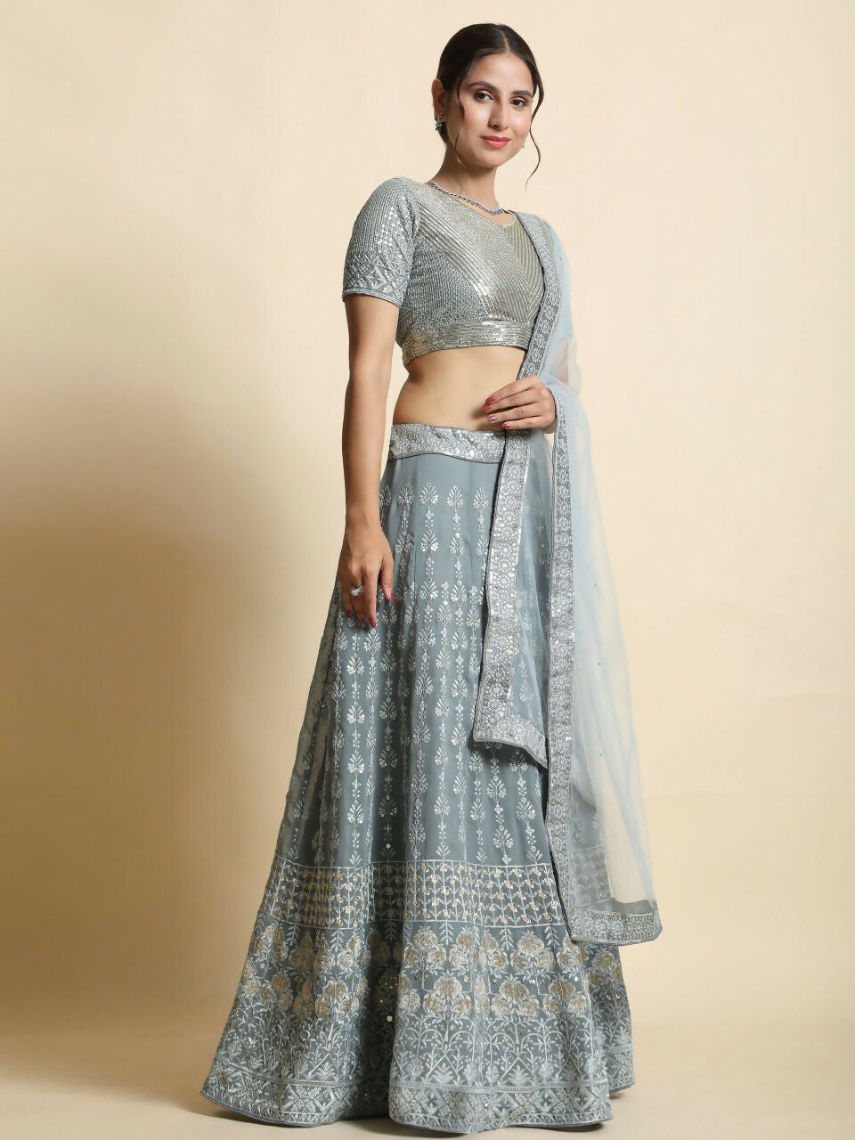 Grey Georgette 3MM Sequins and Zari Embroidered Lehenga Choli