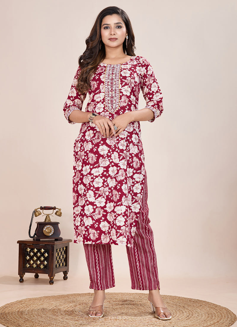 Maroon printed cotton blend kurta and pant set.