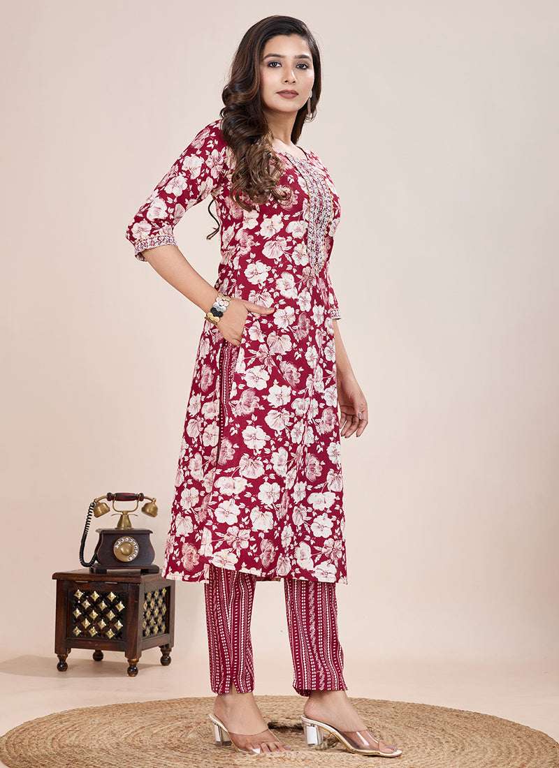 Maroon Printed Cotton Blend Kurta Pant Set for Women