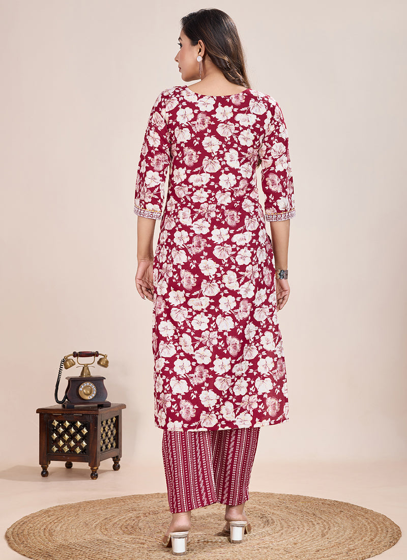 Maroon Printed Cotton Blend Kurta Pant Set for Women