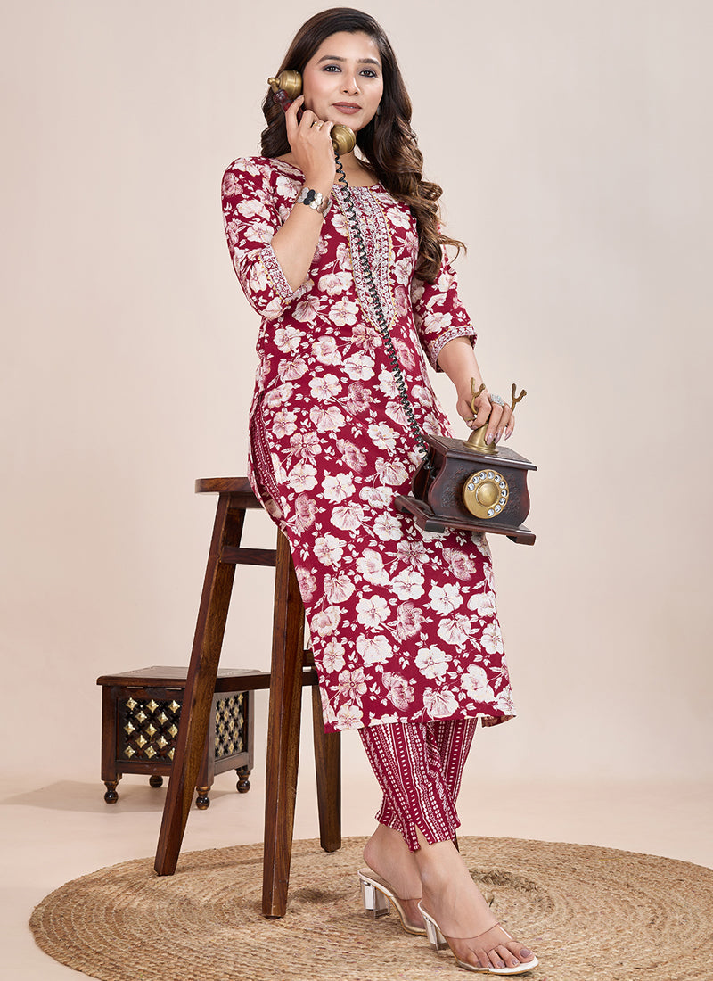 Maroon Printed Cotton Blend Kurta Pant Set for Women