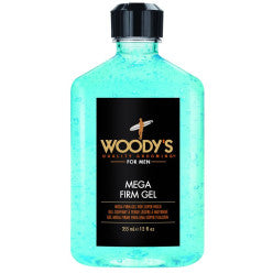 A 12oz bottle of Woody's Mega Firm Gel with a translucent teal appearance and black label.