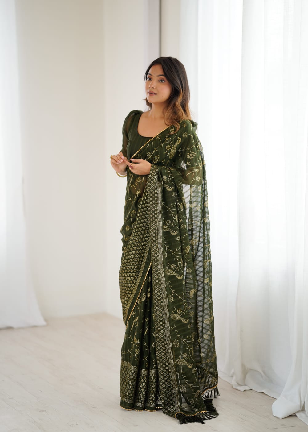 Mehndi Solo Georgette Foil Print Saree with Fancy Zalar Lace Border
