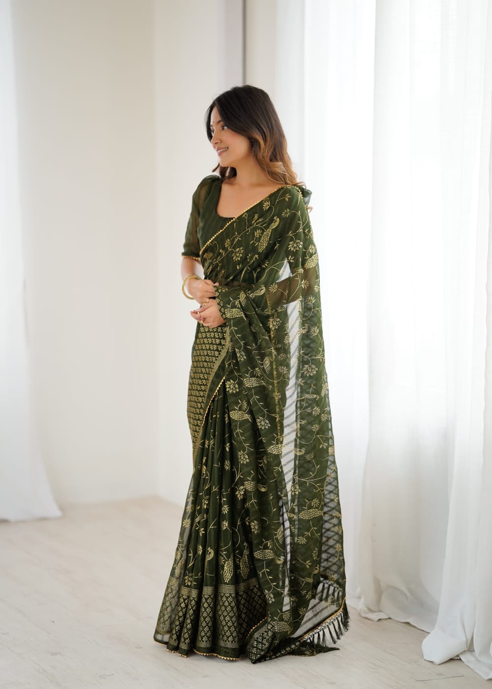 Mehndi Solo Georgette Foil Print Saree with Fancy Zalar Lace Border