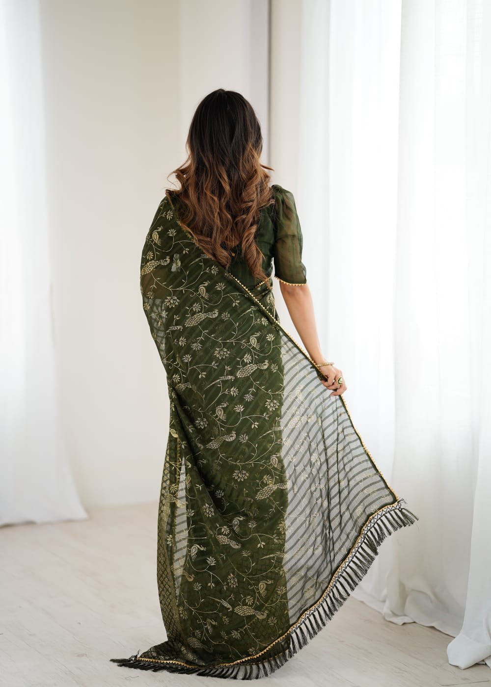 Mehndi Solo Georgette Foil Print Saree with Fancy Zalar Lace Border