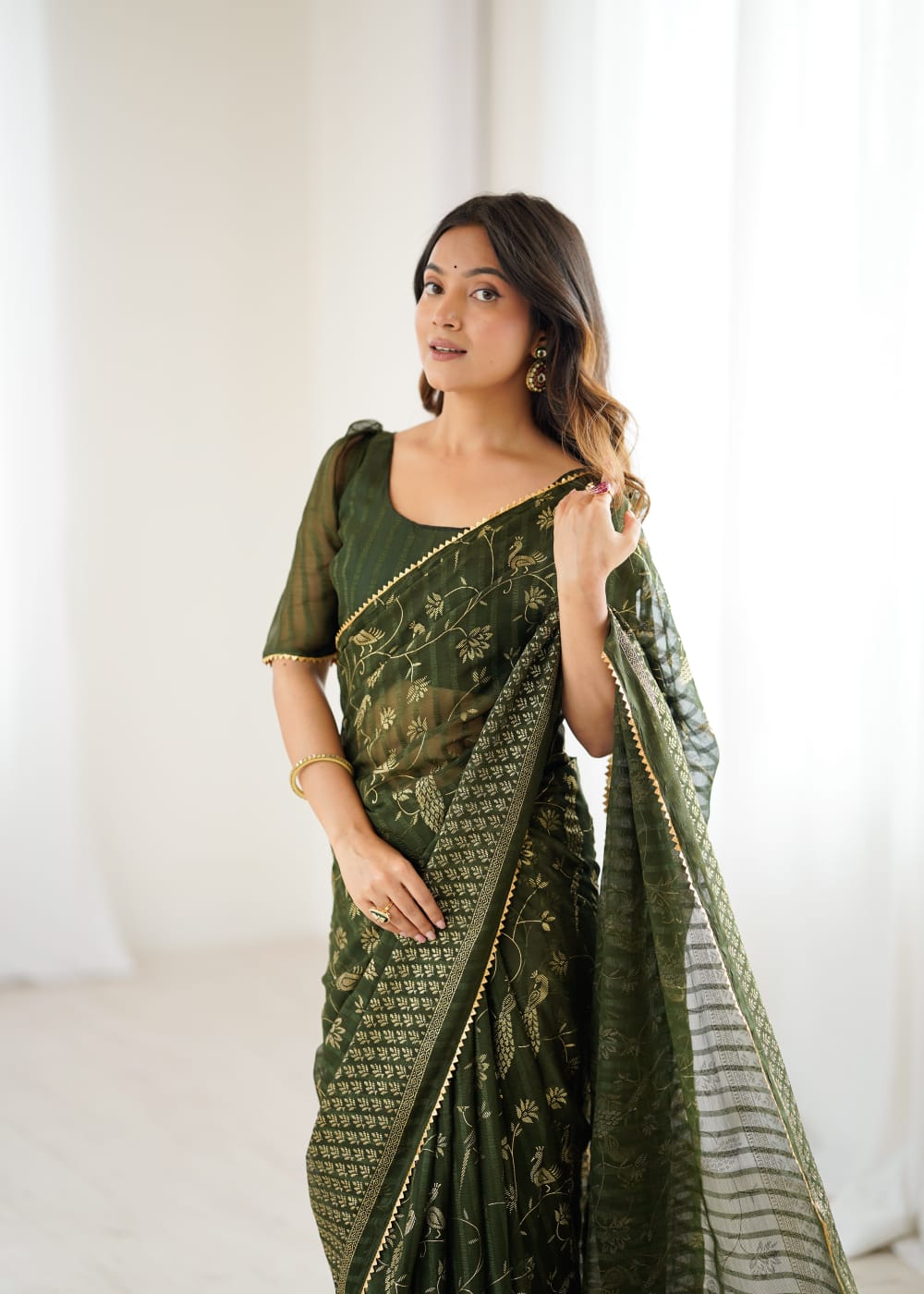 Mehndi Solo Georgette Foil Print Saree with Fancy Zalar Lace Border