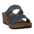 A pair of Women's Meli wedge sandals in navy blue featuring a dual-strap design with adjustable velcro closures and a textured wood-look wedge heel.