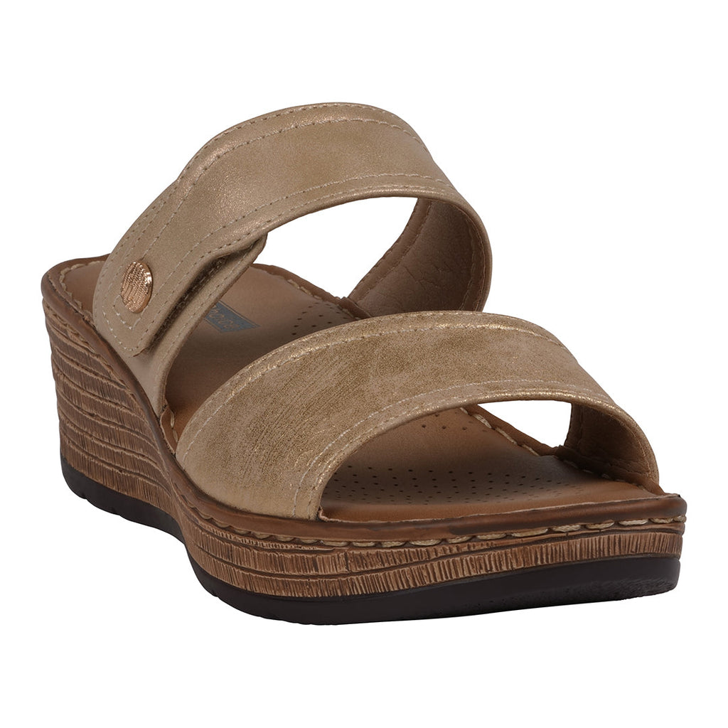 Meli gold wedge sandals with dual-strap design and adjustable Velcro closure.