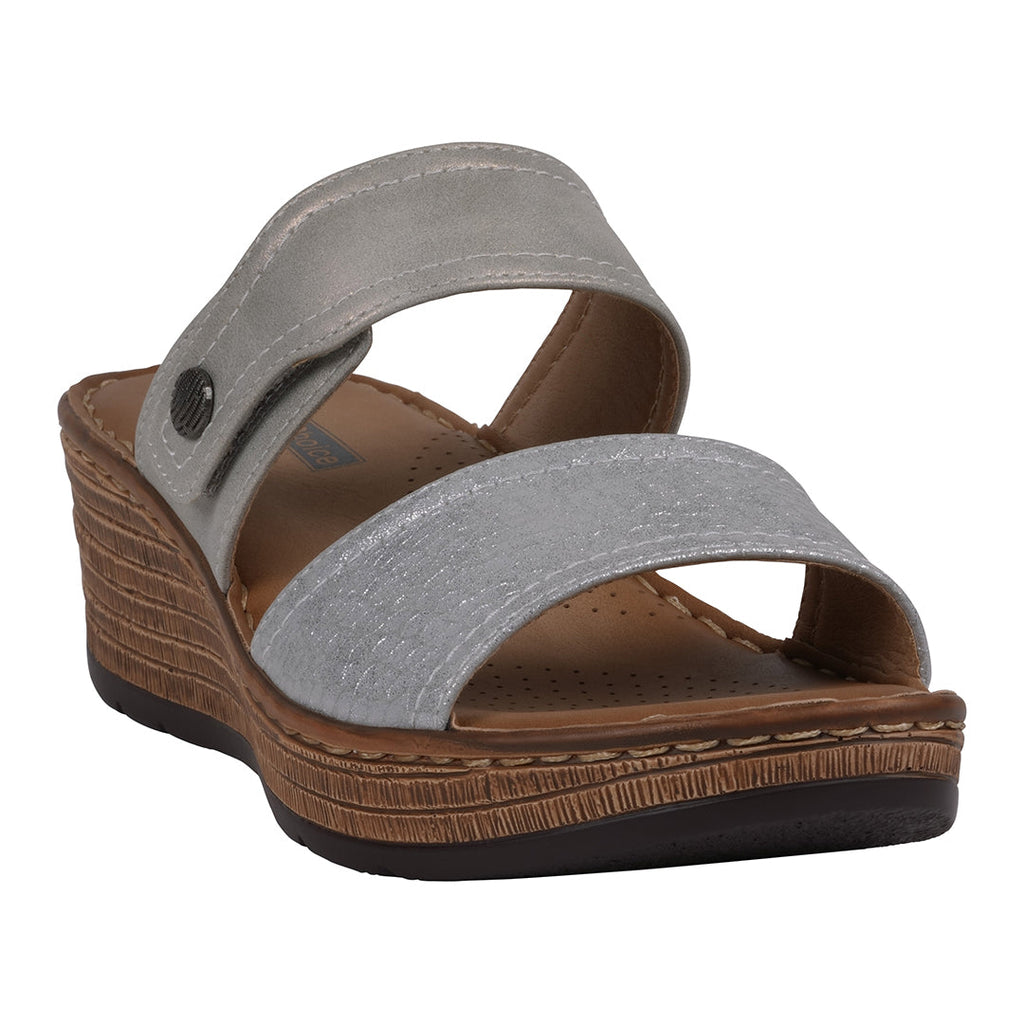 A pair of women's silver wedge sandals with dual straps and an adjustable Velcro closure, viewed from the side on a white background.