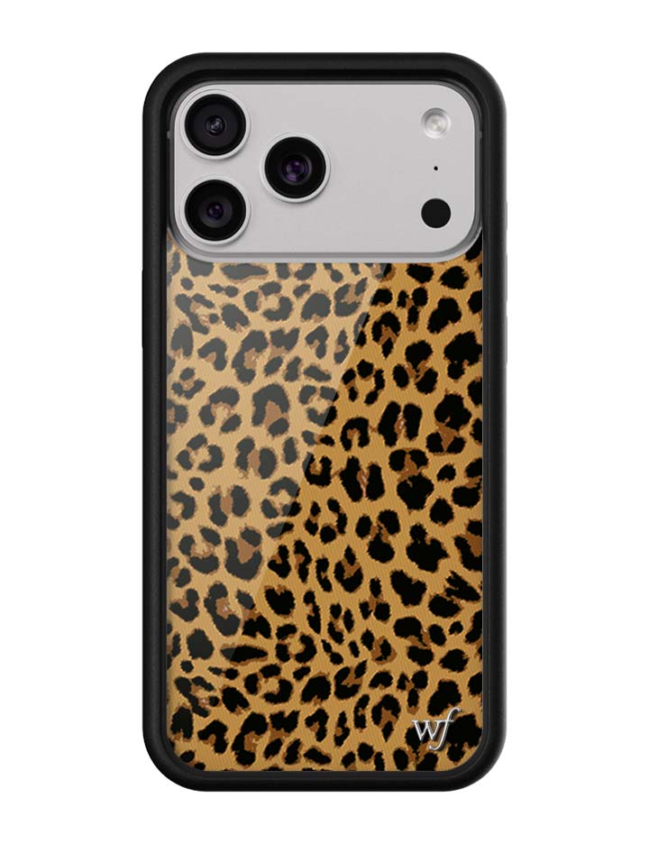 Close-up of a brown leopard print iPhone case with a black rubber bumper and wf signature logo