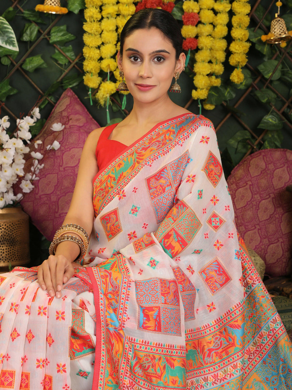 White Linen Cotton Saree with Matching Blouse for Minimalists