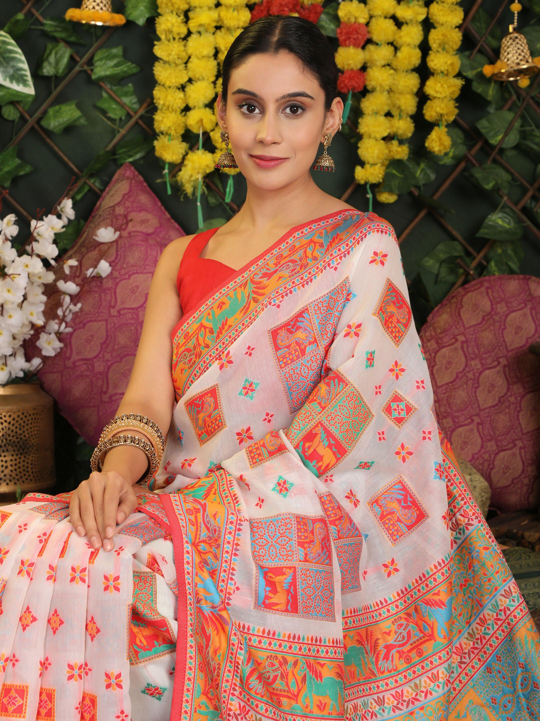 White Linen Cotton Saree with Matching Blouse for Minimalists