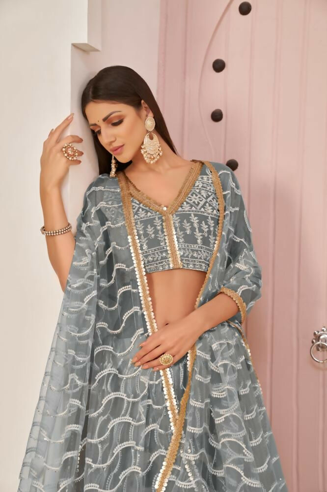 Gray Butterfly Net Wedding Lehenga Choli with Zari & Thread Work