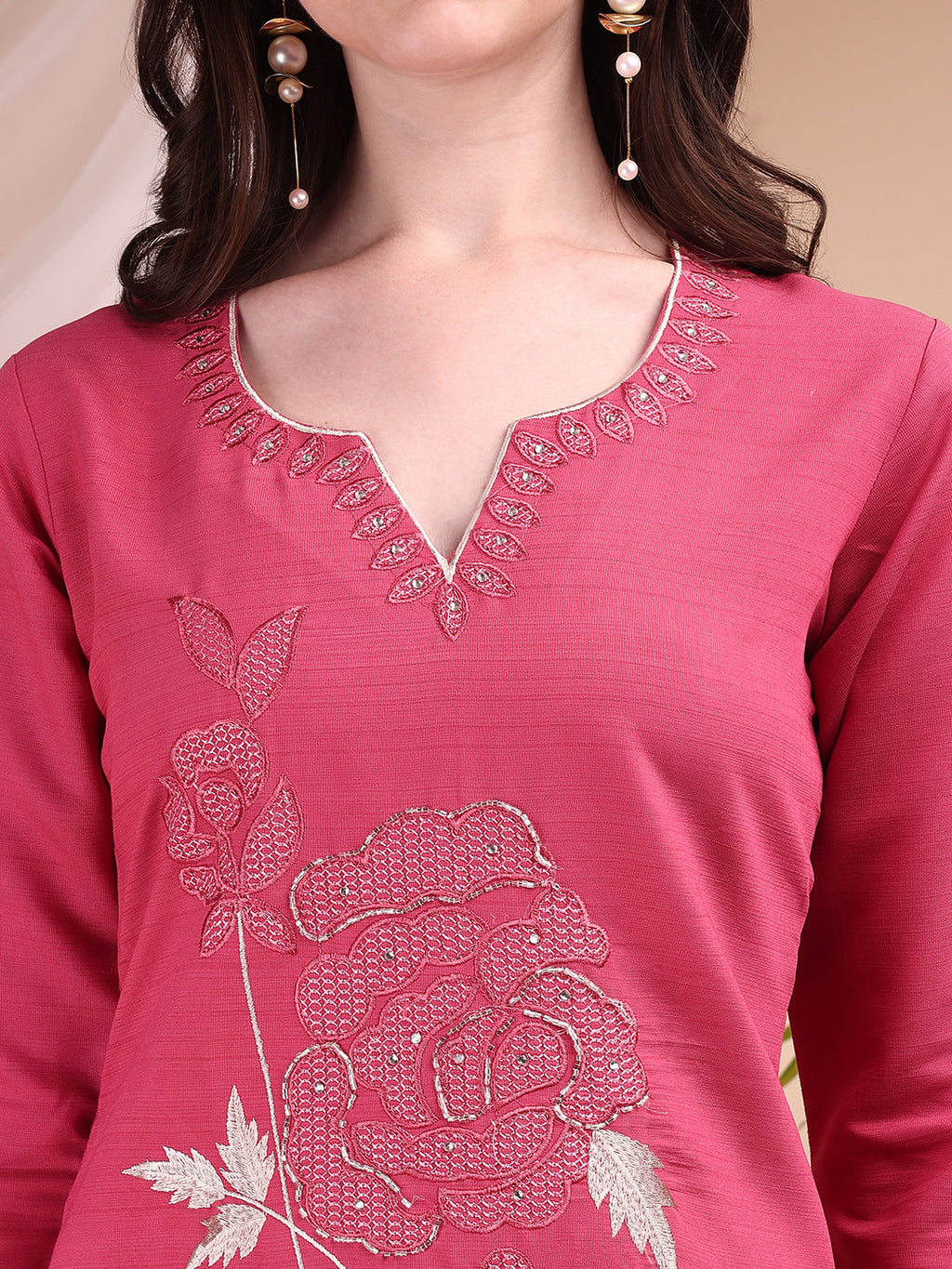 Pink Embroidered Chanderi Co Ord Set with Sweetheart Neck Tunic