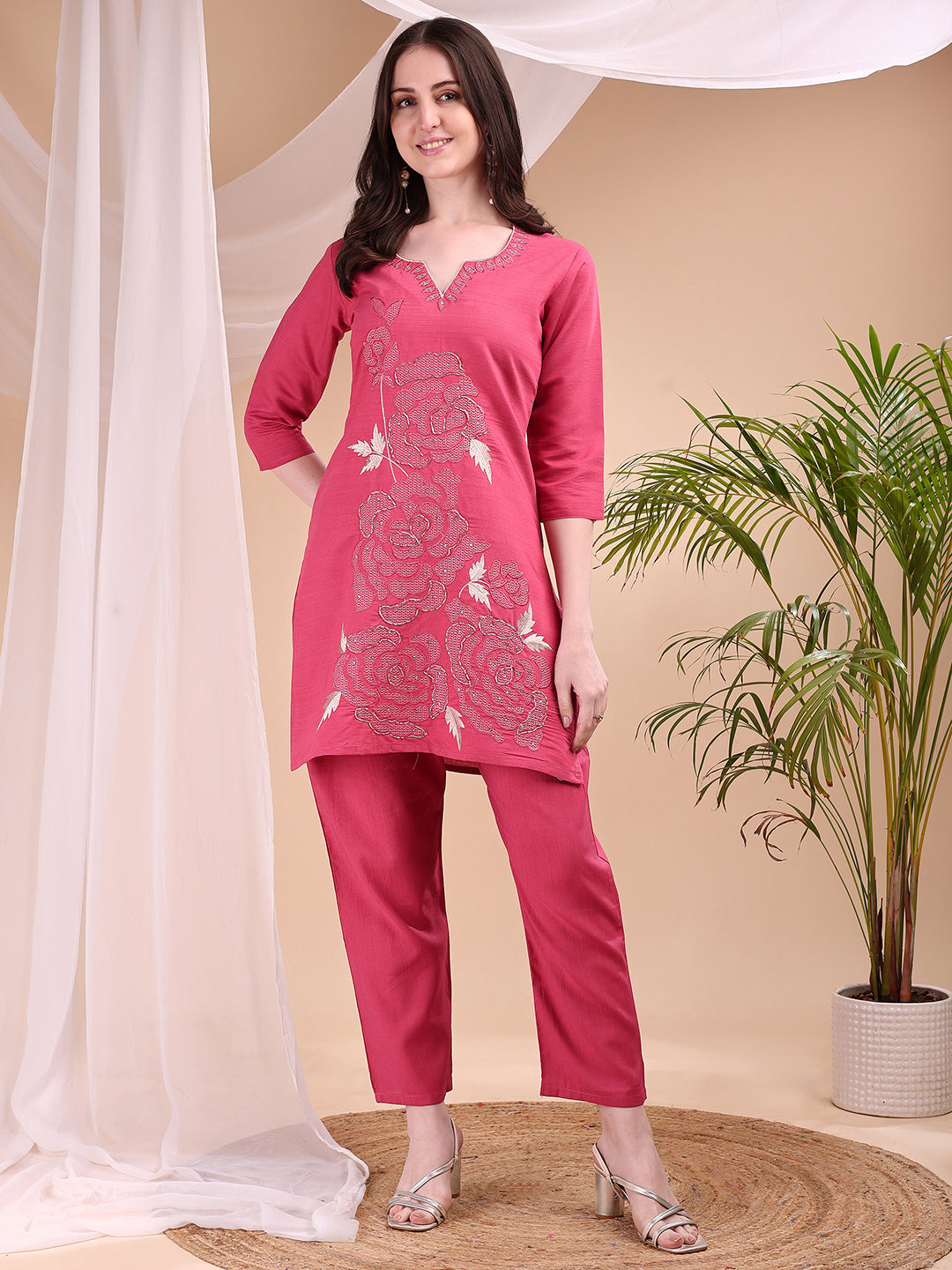 Front view of a pink Chanderi co-ord set with embroidery and sweetheart neckline