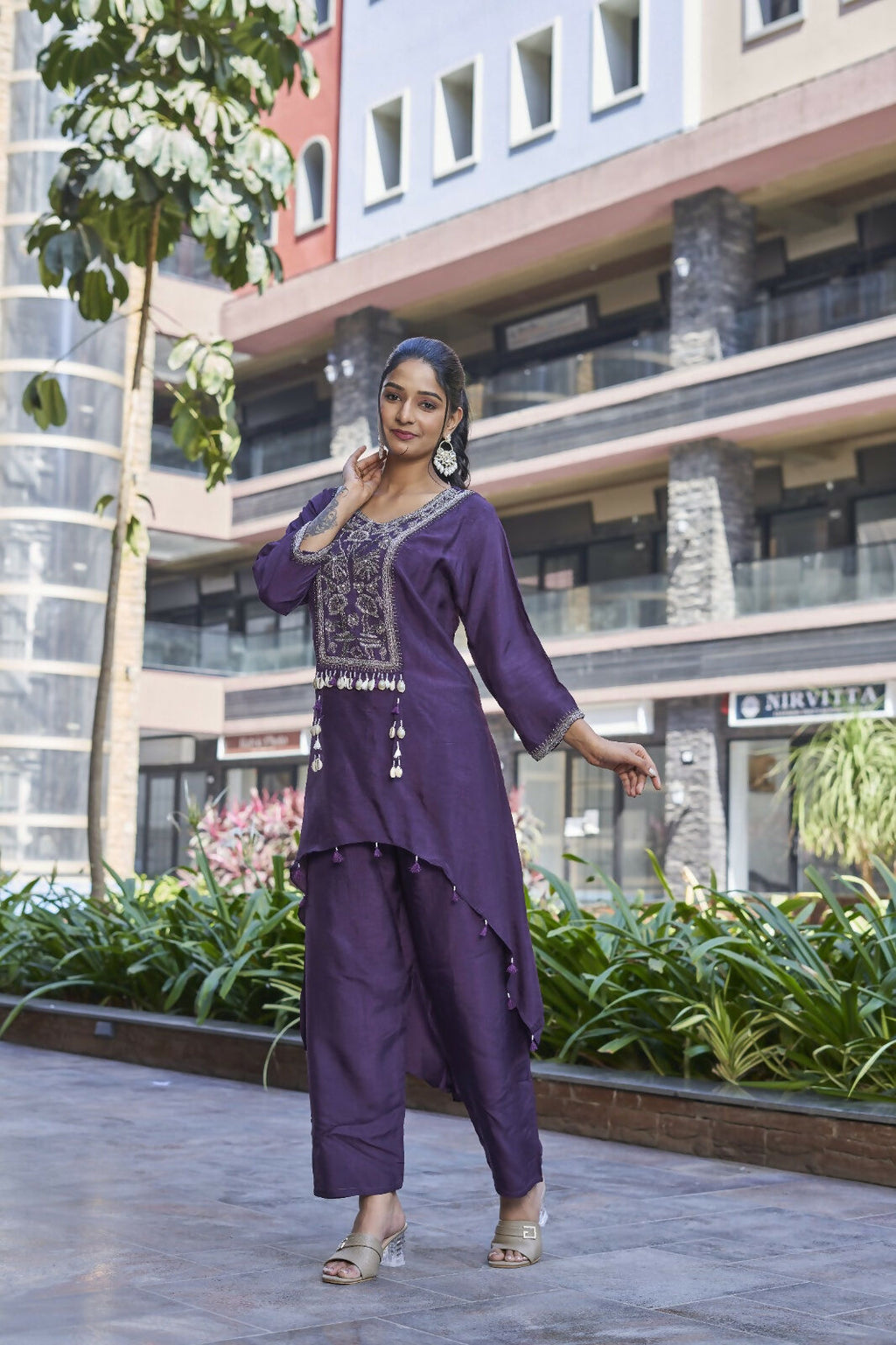 Purple Printed Dola Silk Handwork Kurta Set with Cotton Lining