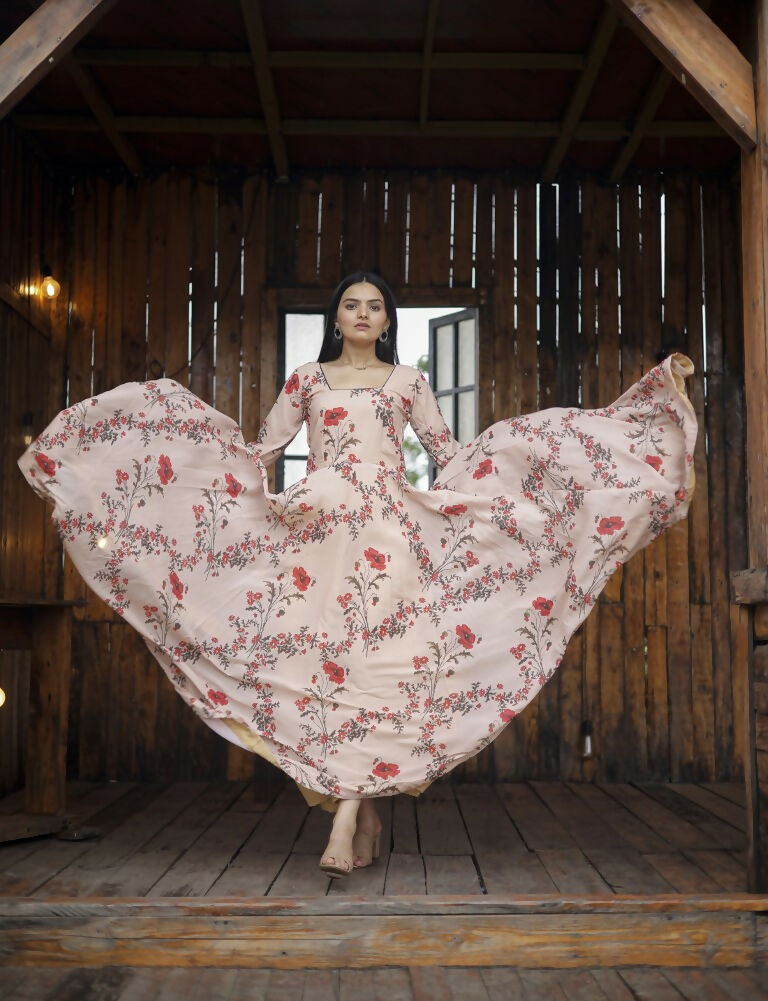 Women's Cream Faux Georgette Floral Digital Printed Anarkali Dress
