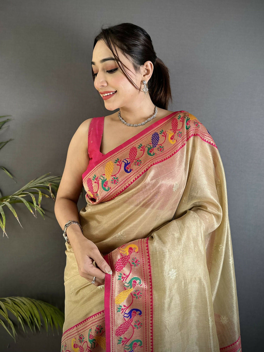 Beige Tissue Paithani Saree with Elegant Zari Weaving Details