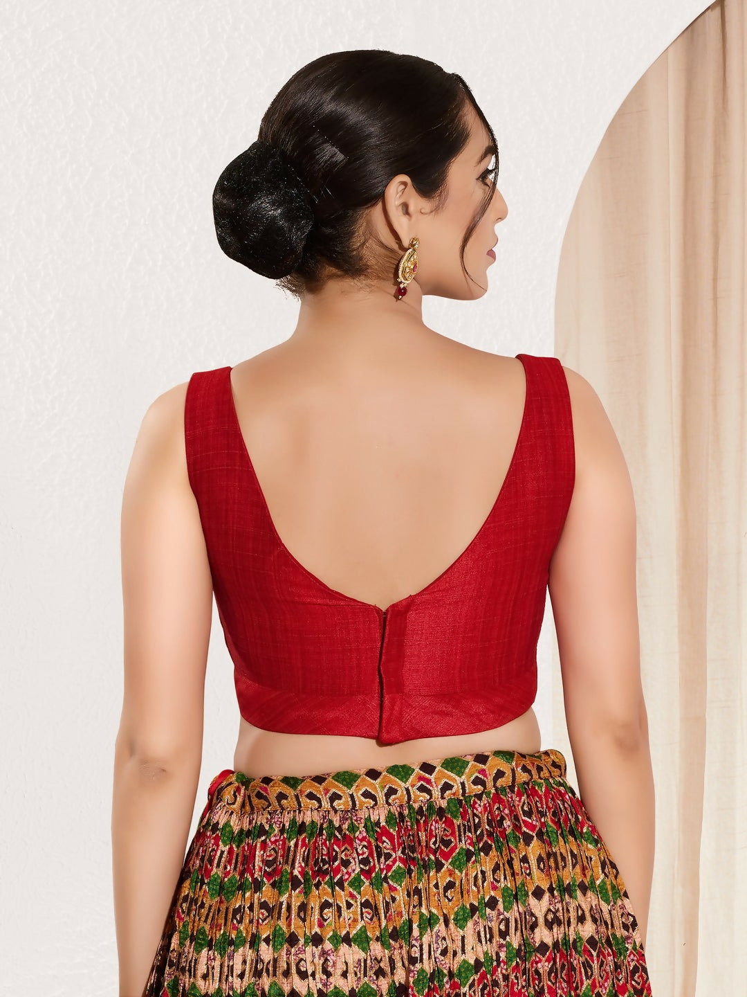 Red Mulberry Silk Padded Blouse with Round Neck