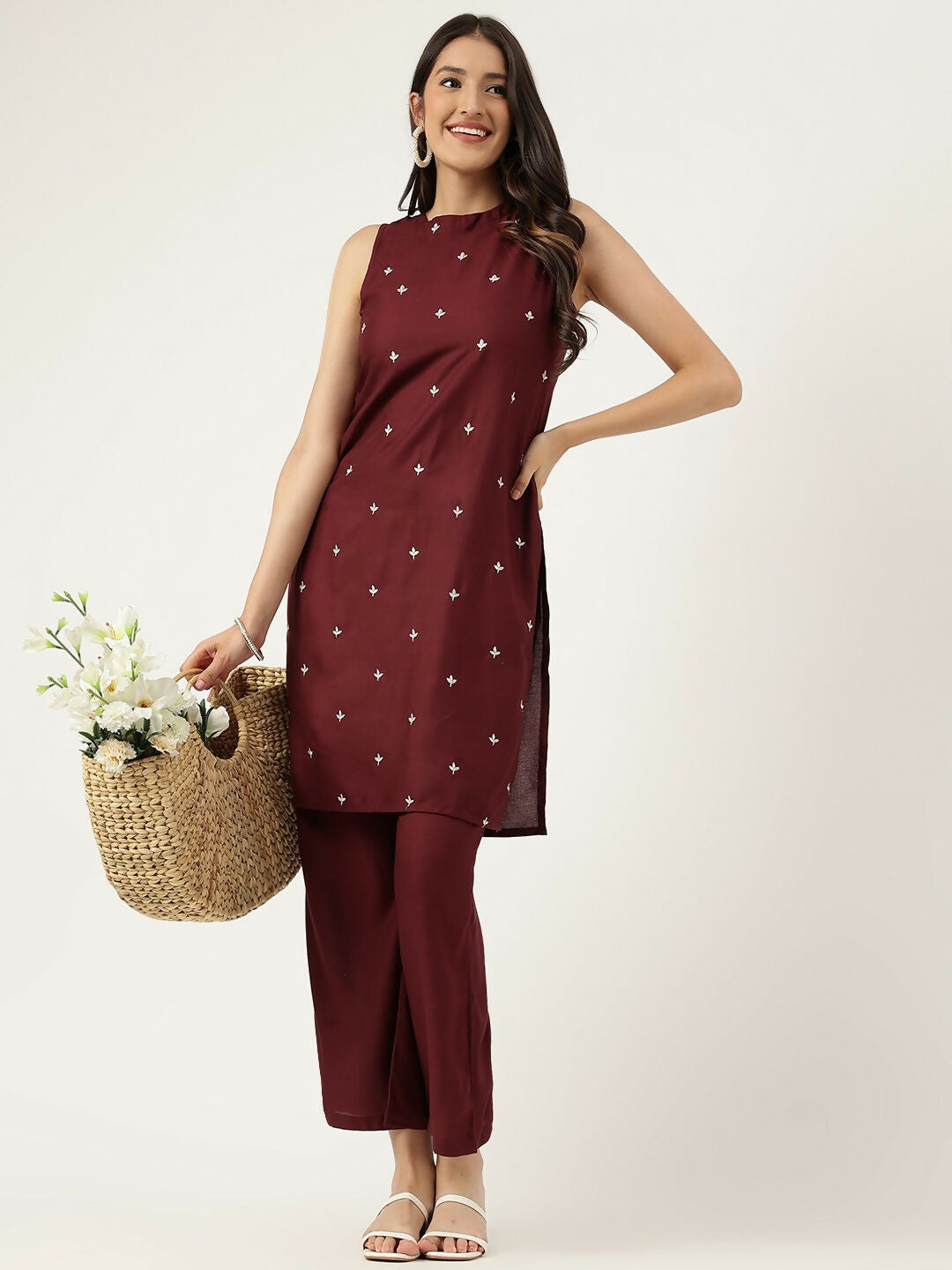 Maroon Rayon Straight Kurta and Bottom Set with Embroidery