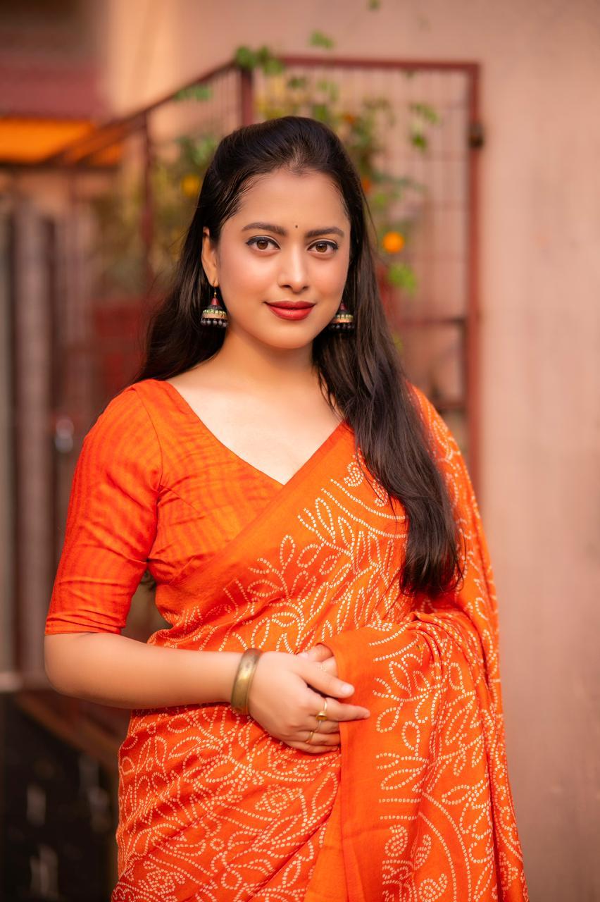 Orange Silk Blend Ajrak Saree with Unstitched Blouse