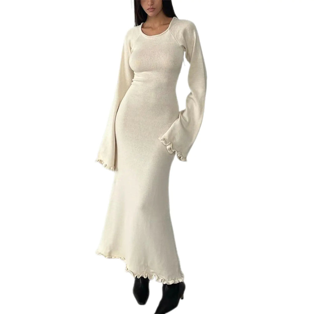 Women's Cream Long Sleeve Knitted Maxi Dress with Ruffle Hem - Image 9