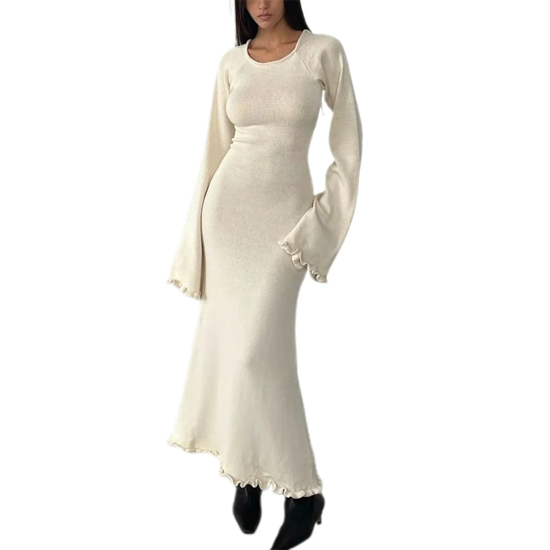 Women's Cream Long Sleeve Knitted Maxi Dress with Ruffle Hem - Image 9