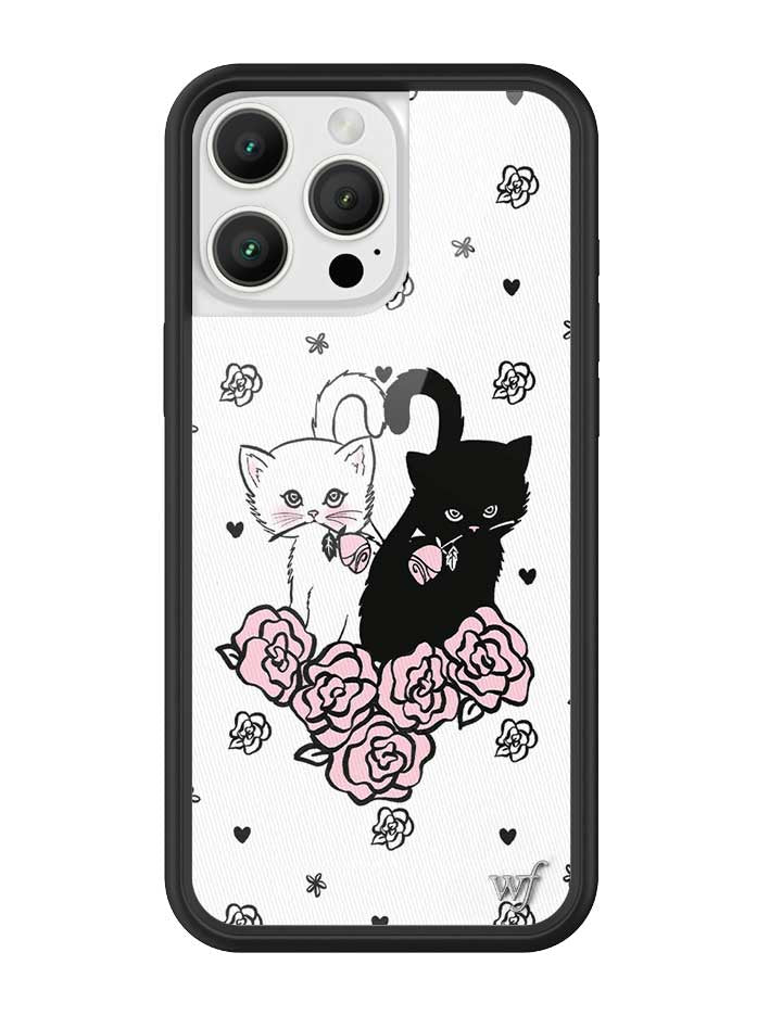 Kittens iPhone case with black and white kittens and pink roses on a protective black rubber bumper