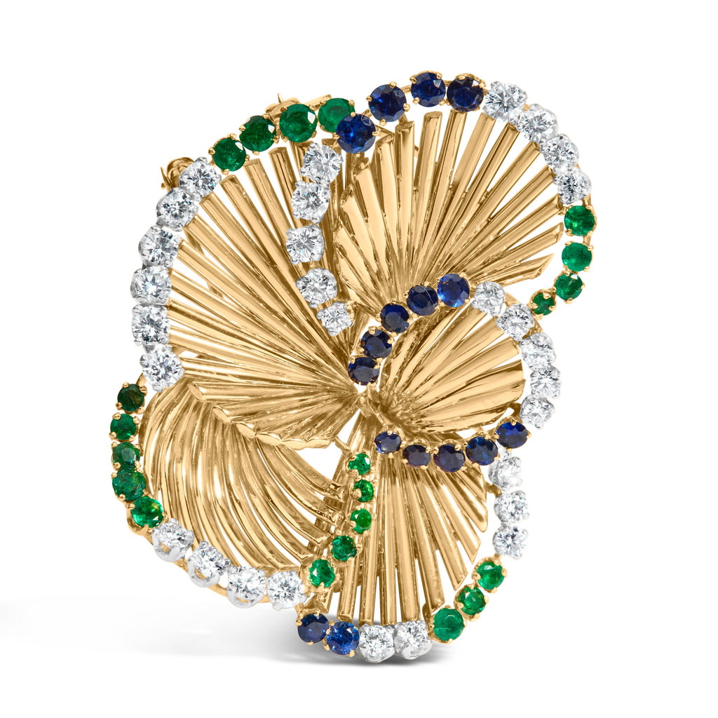 18K Yellow Gold 2 1/3 Cttw Diamond, Sapphire, and Emerald Sculpted Petal Brooch Pin (G-H Color, VS1-VS2 Clarity)