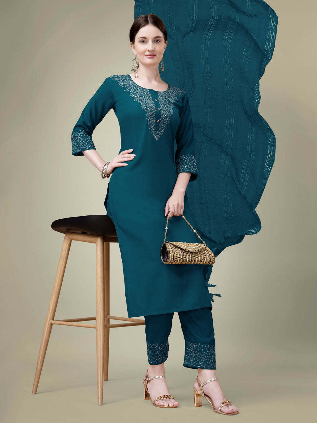 Jyoti Fashion Women's Morpich Cotton Blend Embroidery & Sequence work Kurta with Trouser & Dupatta