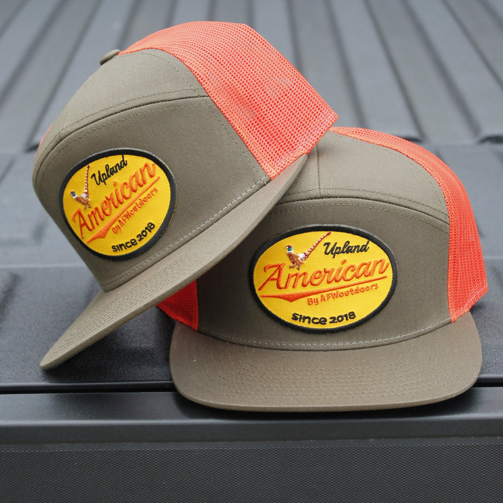 Upland 7-Panel Trucker Hat - Olive Green and Bright Orange