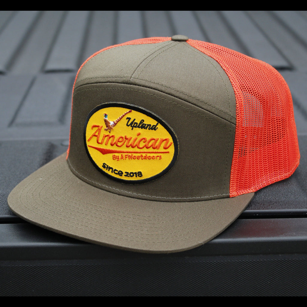Upland 7-Panel Trucker Hat - Olive Green and Bright Orange
