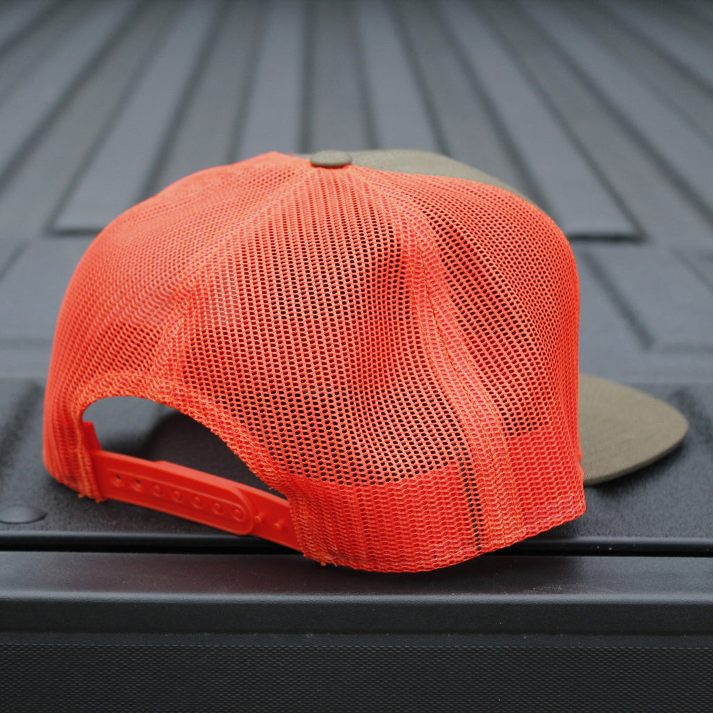 Upland 7-Panel Trucker Hat - Olive Green and Bright Orange