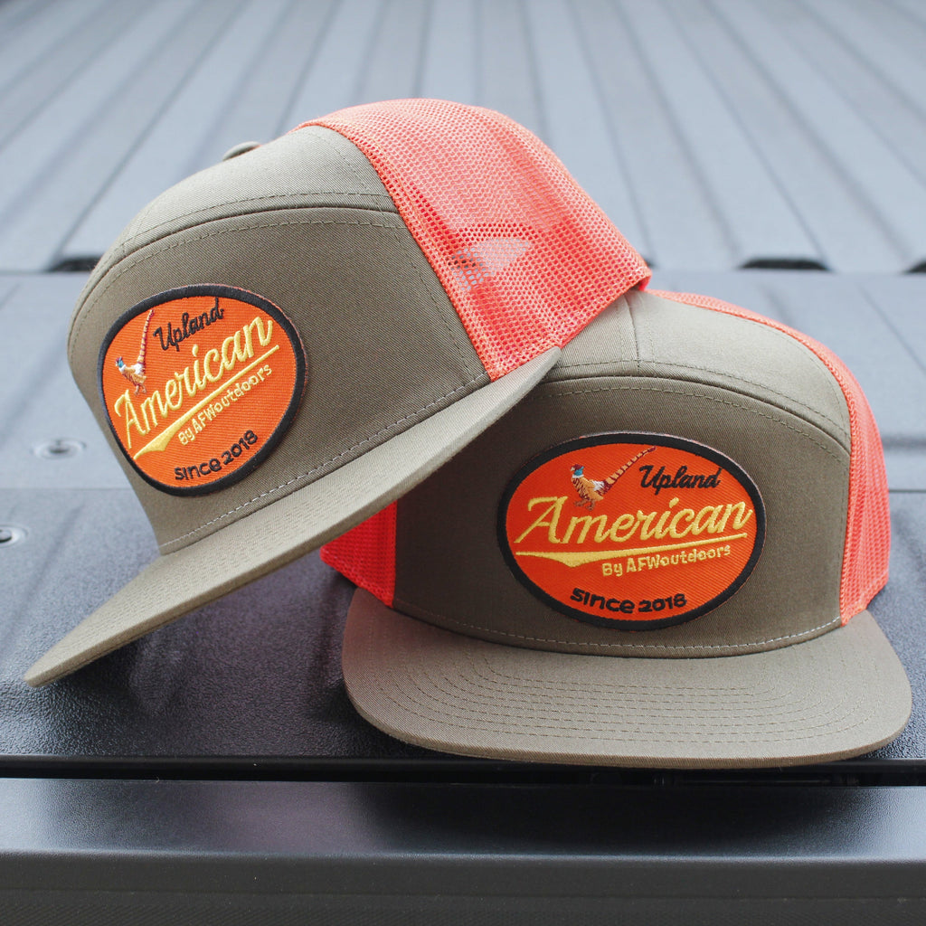 Upland 7-Panel Trucker Hat - Olive Green and Bright Orange