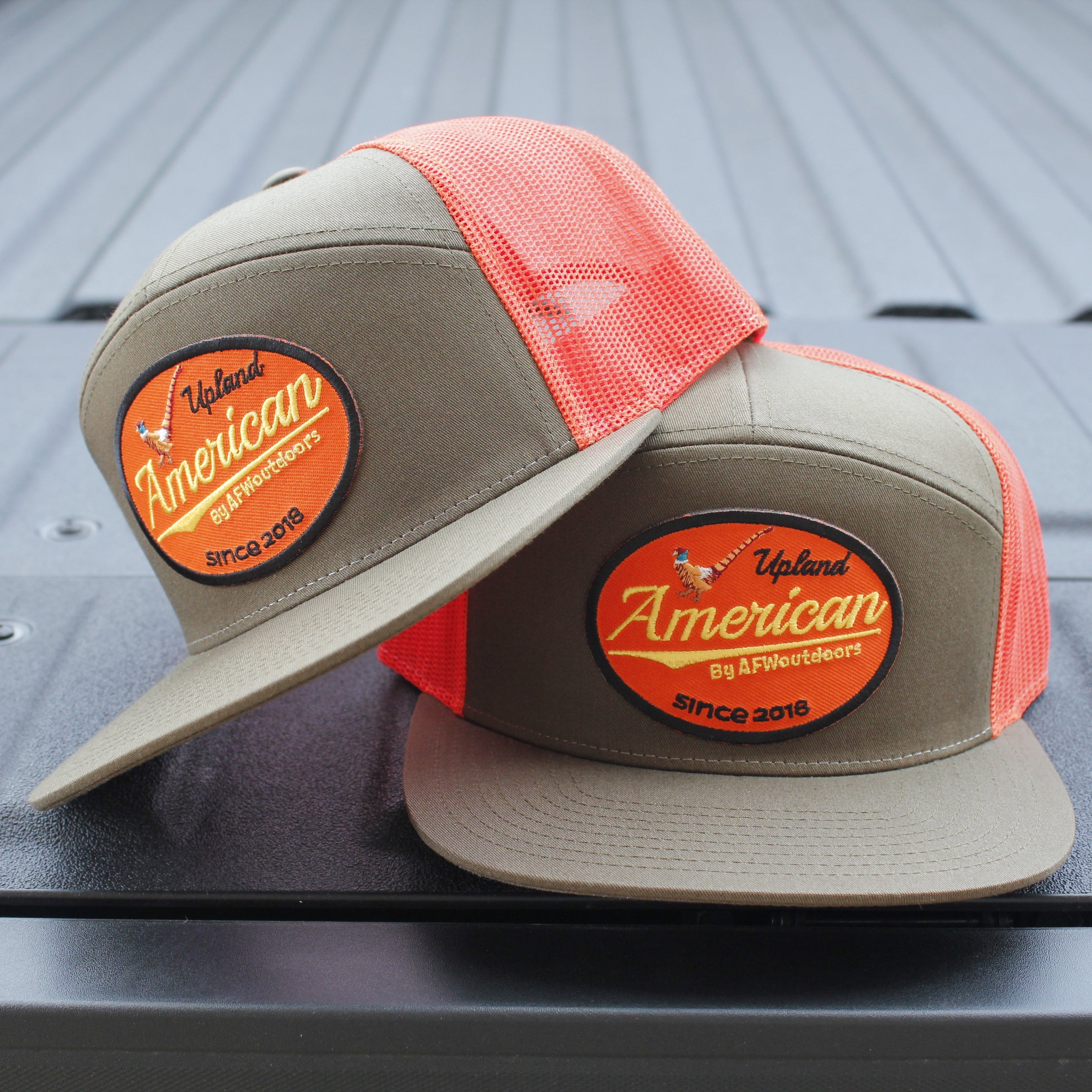 Upland 7-Panel Trucker Hat - Olive Green and Bright Orange