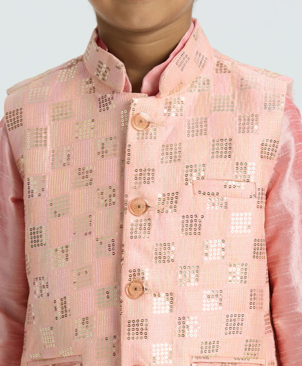 Kids Ethnic Kurta Pyjama Set with Sequin Nehru Jacket - Pink