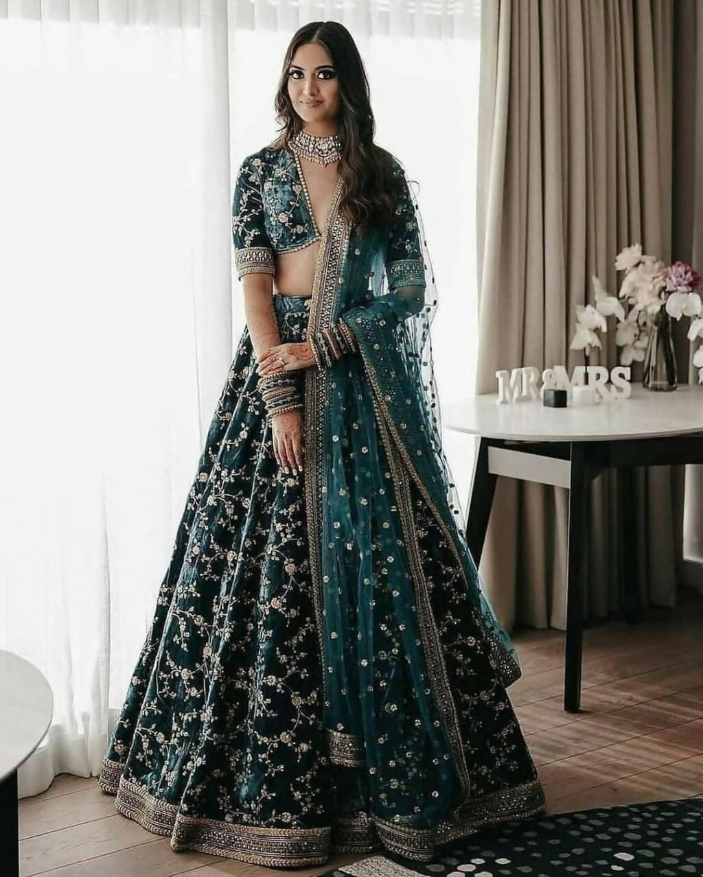 Bottle Green 9000 Velvet lehenga with cording and sequins embroidery