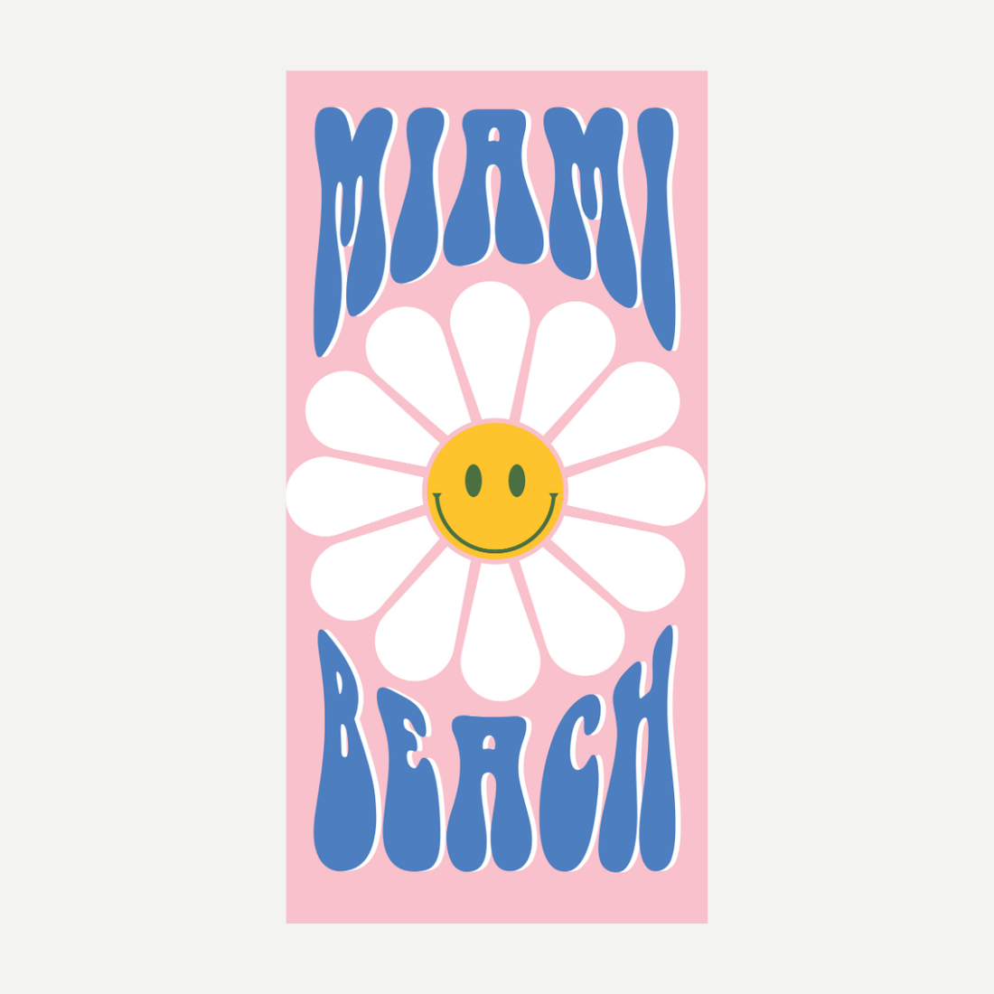 Pink beach towel with a white daisy smiley face and blue Miami Beach text.