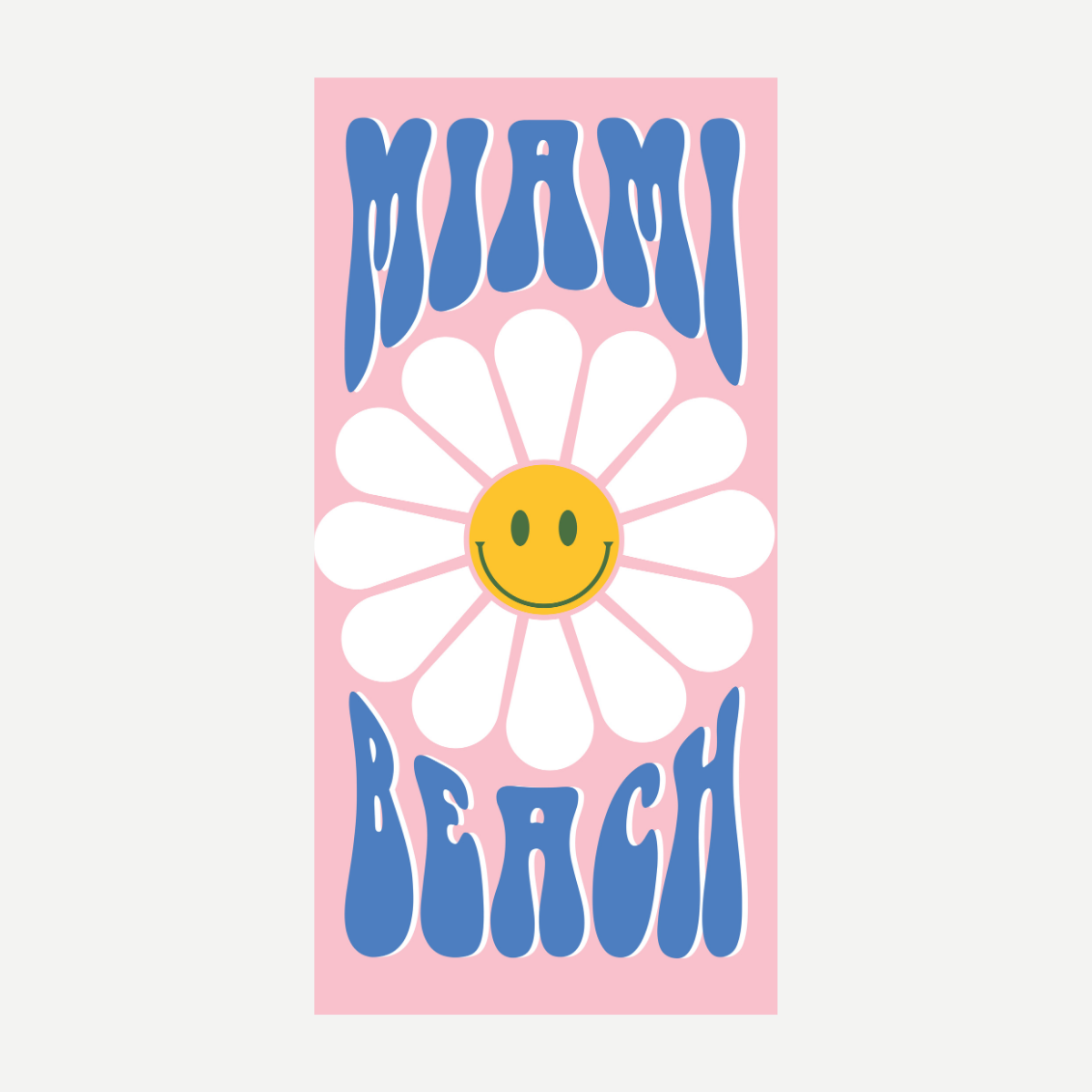 Pink beach towel with a white daisy smiley face and blue Miami Beach text.