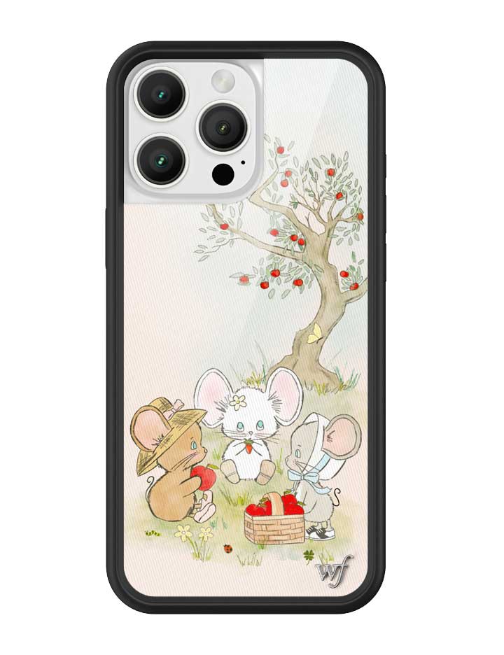 Mice Friends iPhone case with illustrated picnic scene and black rubber bumper