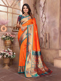 Orange Paithani woven soft silk saree with matching blouse piece