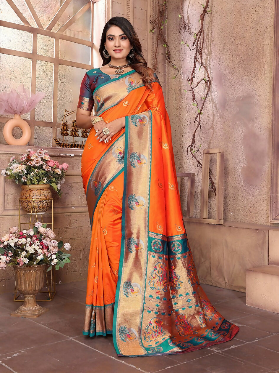 Orange Paithani woven soft silk saree with matching blouse piece