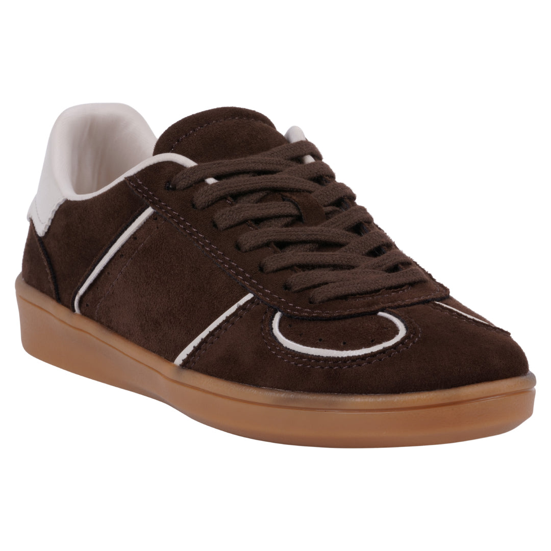 Women's Milan brown suede-like lace-up sneaker with white accents and tan gum sole