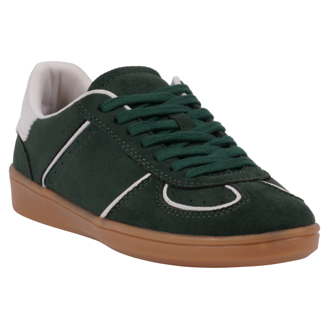 Women's Milan Green lace-up sneakers with suede-like texture, white accents, and a gum sole.